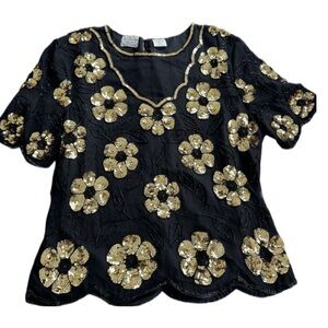 Vintage Stenay Womens Black Silk Beaded Sequin Blouse Top Size L Formal Party